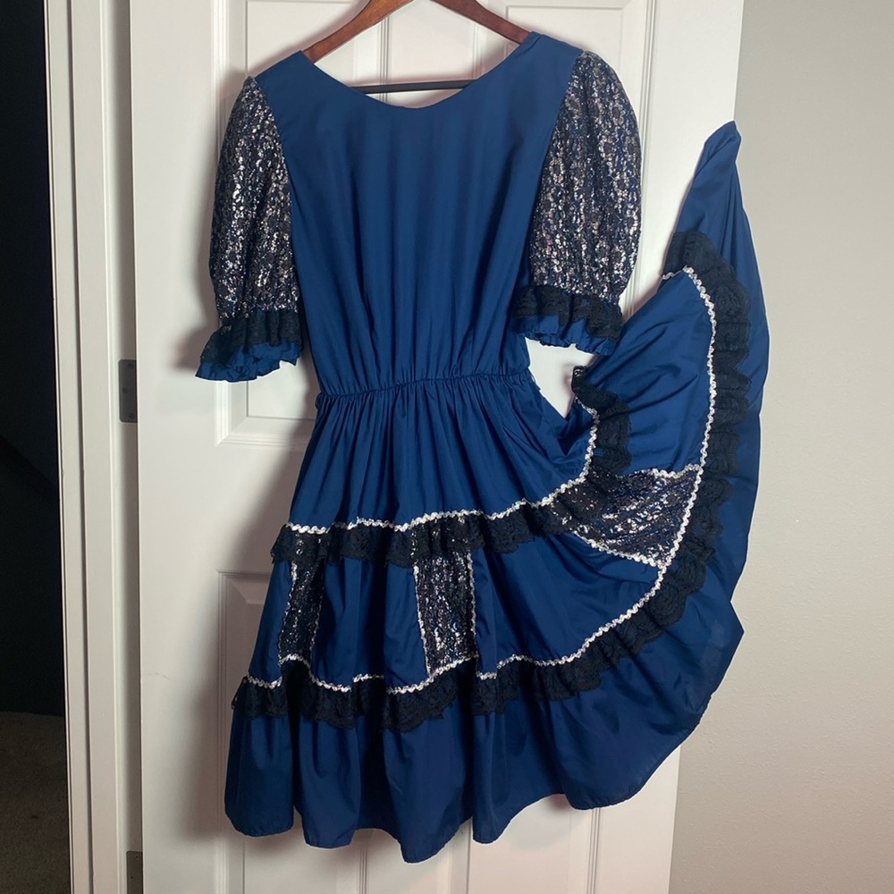 Vintage Navy and silver lace Pete Bettina square dance dress with flared skirt
